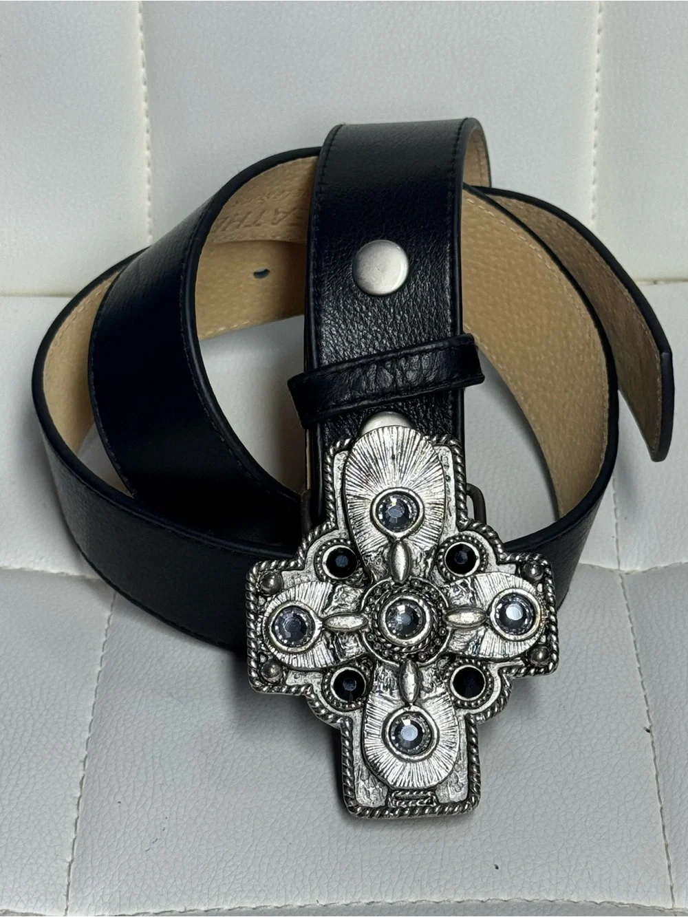 Leatherock Black Leather Belt with Rhinestone Cross Buckle